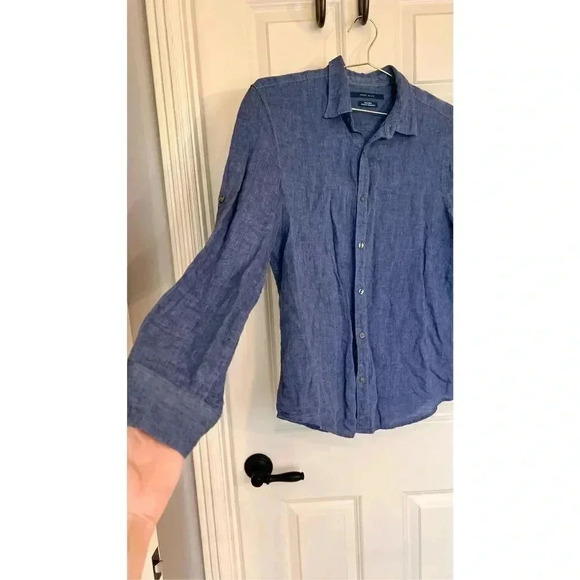 Perry Ellis Women’s Medium Blue 100% Linen Long Sleeve Button Down Shirt Top - Picture 2 of 8